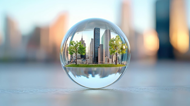 Photo urban wonderland glass sphere with glassmorphism miniature city reality and fantasy blend