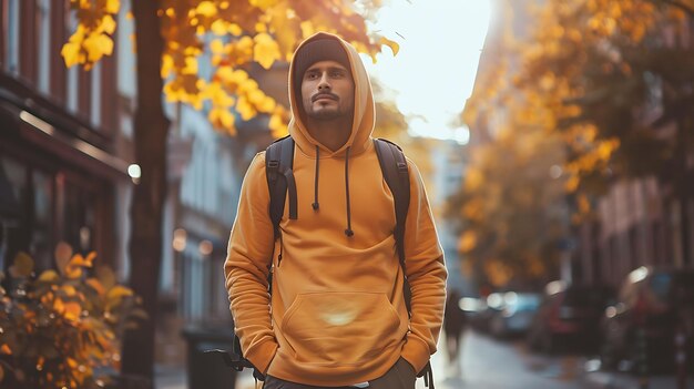 Photo urban young hipster indian man in a fashionable yellow sweatshirt