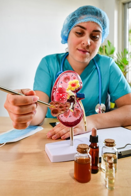 Urology and treatment of kidney disease Doctor analyzing of patient kidney health using kidney anatomical model