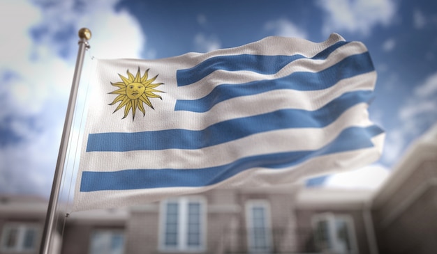 Uruguay Flag 3D Rendering on Blue Sky Building Background 