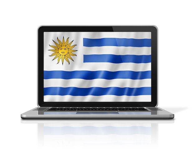 Uruguay flag on laptop screen isolated on white. 3D illustration render.