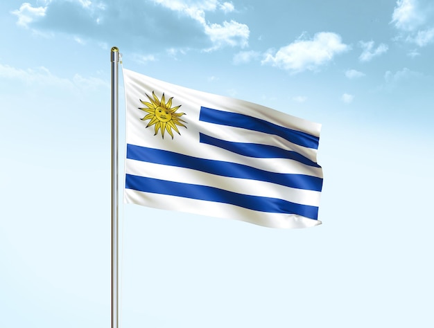 Uruguay national flag waving in blue sky with clouds Uruguay flag 3D illustration