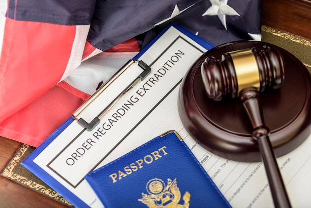 US deportation Immigration justice and law concept American flag Official department USCIS Department of homeland Security United States Citizenship and Immigration Services