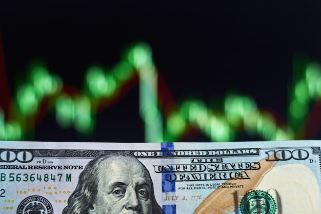 US dollar bills on background with dynamics of exchange rates. Trading and financial risk concept