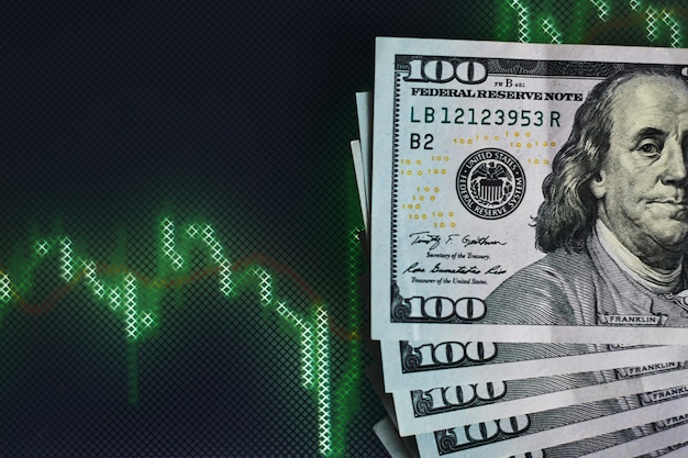 US dollar bills on background with dynamics of exchange rates. Trading and financial risk concept