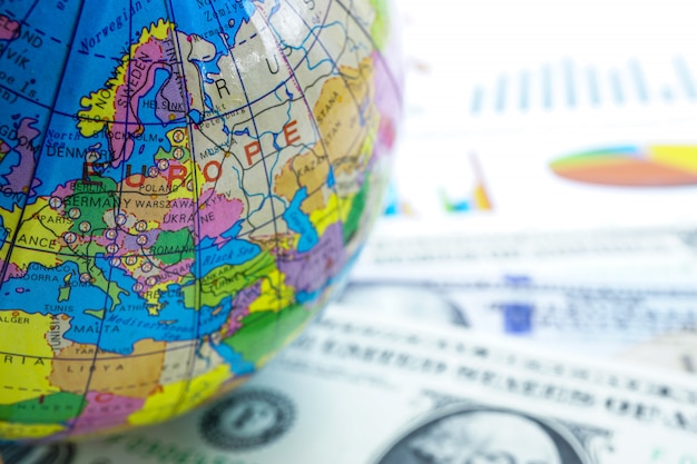 US dollar and graph with Europe globe world : Banking Account, Investment economy.