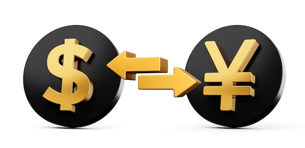 US Dollar and Japanese Yen symbols over black icon with two arrows 3d illustration of exchange rate