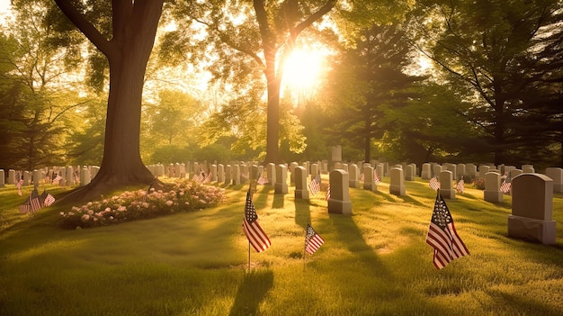 US Flag at Military Cemetery on Veterans Day or Memorial Day Concept National holidays Veterans Day