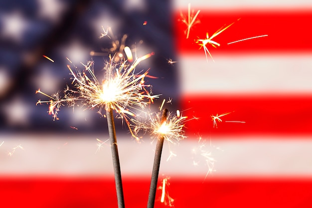 Us flags with fireworks collage