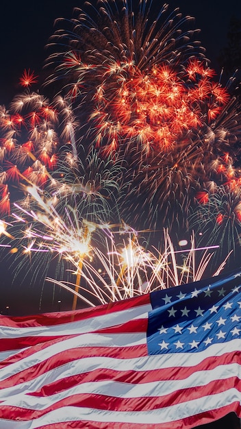 Us flags with fireworks collage