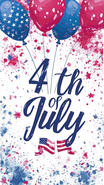 US Independence Day card with 4th of July text flags and balloons on background space for text