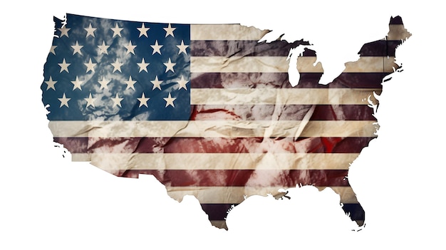 US map shaped grunge vintage faded American flag isolated on white background