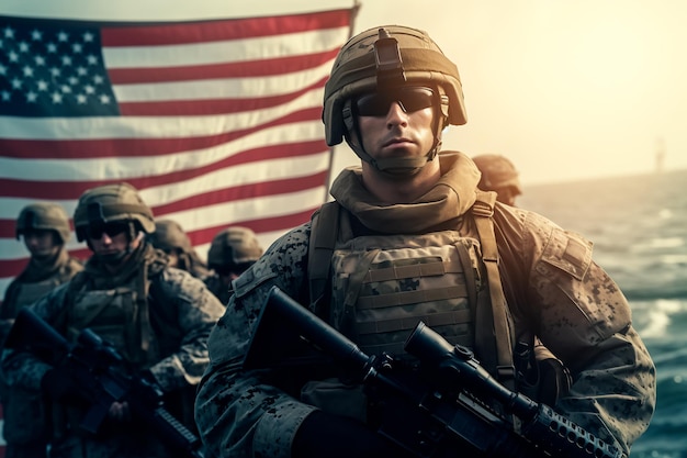 US military forces on a US flag background Art picture of the army AI Generated