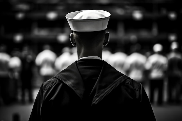 Photo us navy memorial day tribute back view of american military sailor in uniform with arm raised