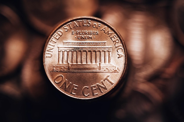 US one cent coins closeup