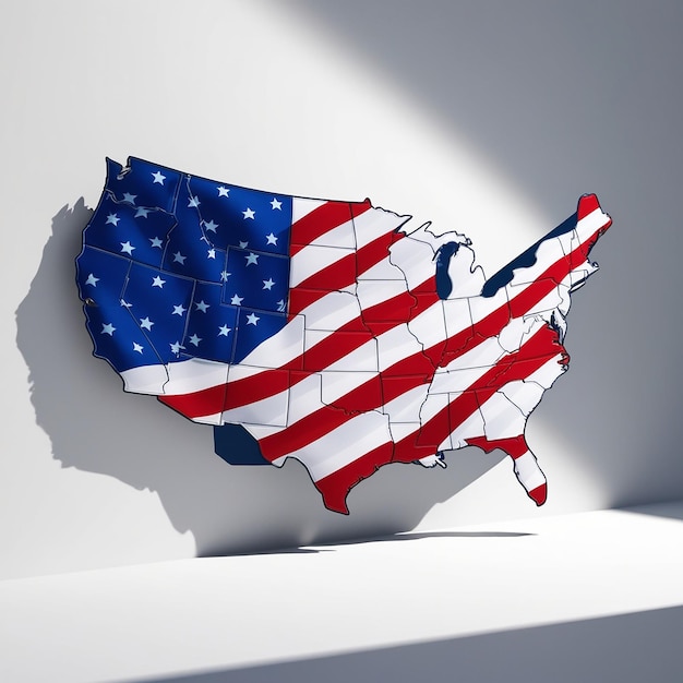 USA America map with flag colors and shadow on white background by 3D rendering