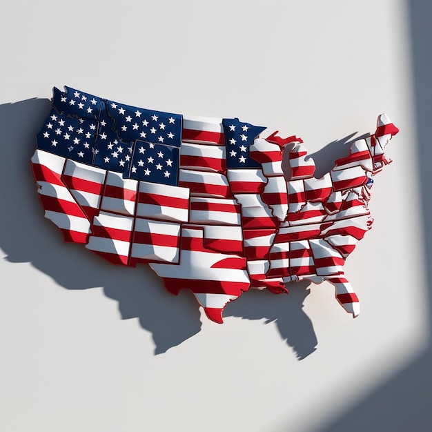 USA America map with flag colors and shadow on white background by 3D rendering