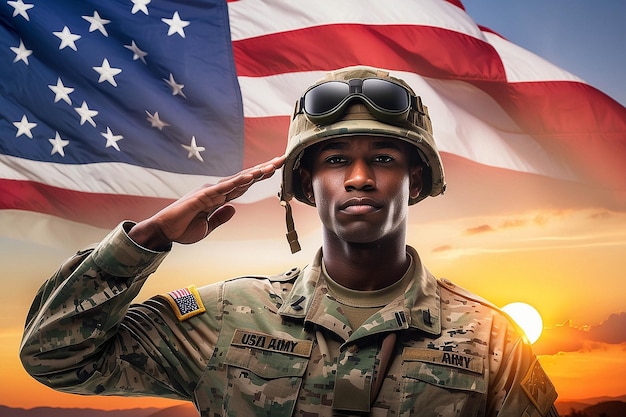 USA Army Soldier Saluting Against a Sunset with USA Flag Veterans Day Greeting Card