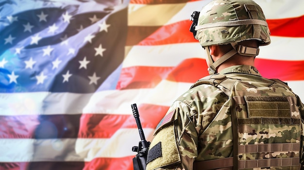 USA army soldier with nation flag on the background