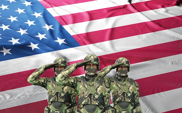 USA army soldier with nation flag. Greeting card for Veterans Day, Memorial Day, Independence Day.