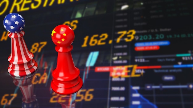 The Usa and china chess on business chart background 3d rendering