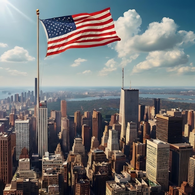 USA city view on top with USA flag Independence Day