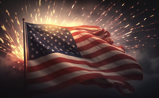 Usa Flag And Fireworks At Sunset 3D render realistic 4th of july independence day