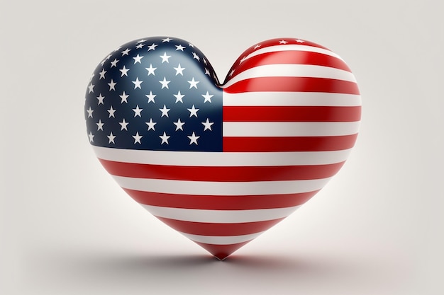 The USA flag in the form of a glossy heart White background Image is generated with the use of an AI Love concept patriotism