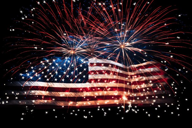 Usa flag with fireworks on white background