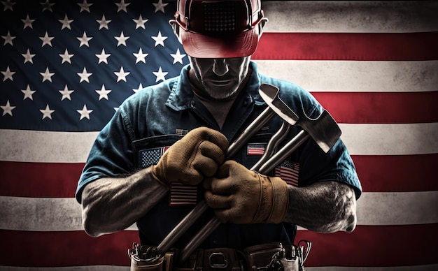 USA Flag with worker