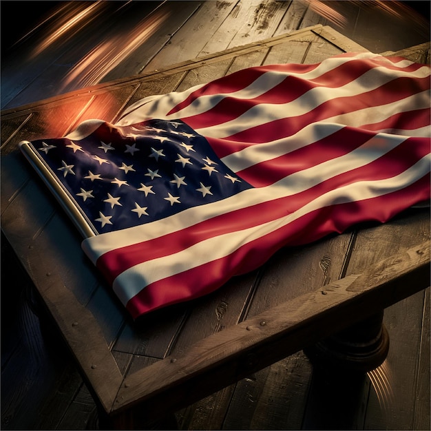 USA flag on a wooden table with realistic shading and patriotic theme