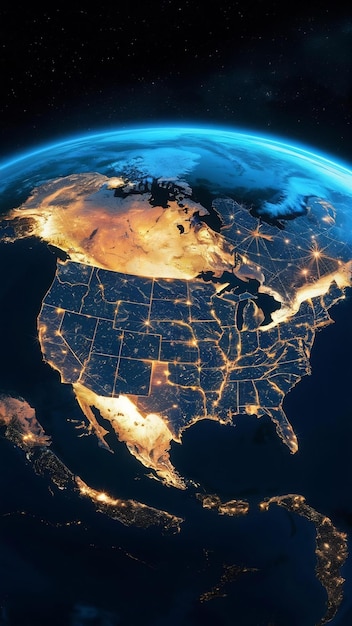 USA from space at night with city lights showing American cities in United States Mexico and Canad