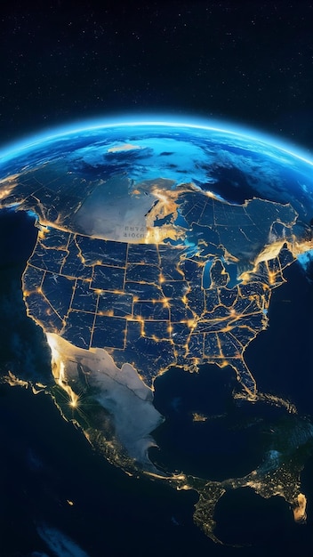 USA from space at night with city lights showing American cities in United States Mexico and Canad