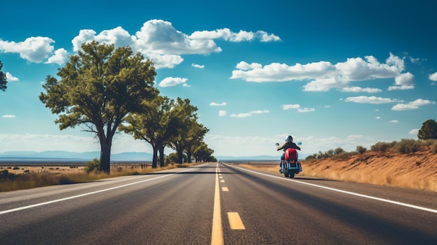 USA highway between tree rear view of motorcyclist