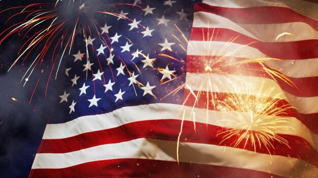 USA Holiday background with flag and fireworks Illustration AI GenerativexA