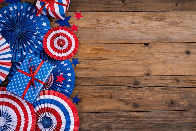 USA independence day celebration patriotism and holidays concept closeup with candy flag and stars at 4th of july party from above on wooden background