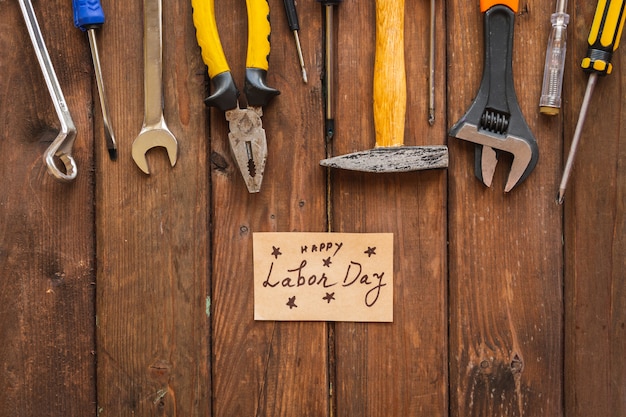 USA Labor day concept. Different kinds on wrenches, handy tools, tag.