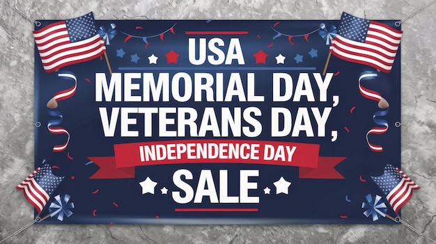 Photo usa memorial day veterans day independence day sale banner with flags ribbon confetti stars