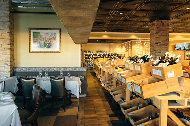 USA october 2019 wine restaurant interior with white tablecloths