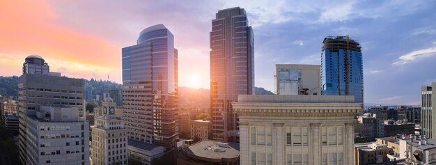 USA panoramic view of Portland city downtown and financial center