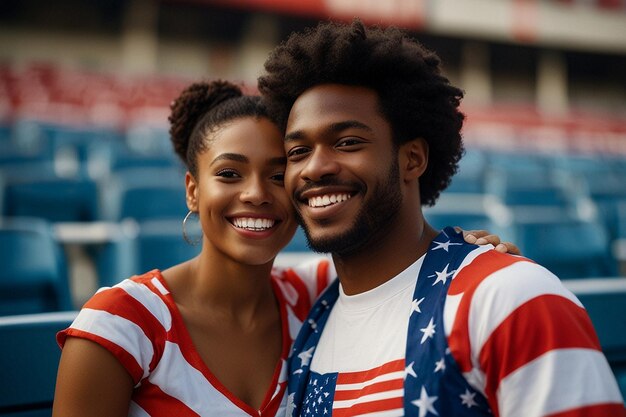 USA sports fans waving with flags while spectating match from stadium stands