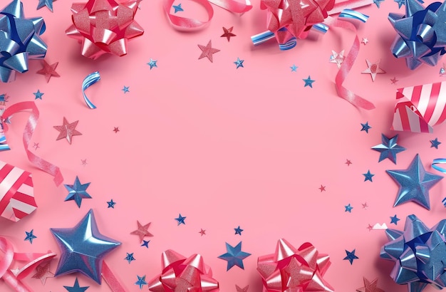 USAthemed party decorations with red white and blue bows and stars on pink background