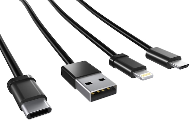 USB data cables type A, and type C plugs, micro USB and lightning, universal computer phone connect