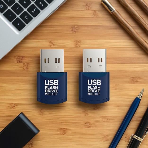 Photo usb flash drive mockup isolated on branding background clean template blank plastic front back side view