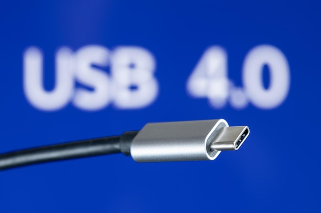 USB4 plug cable on blue background with USB 40 text New computer USB protocol