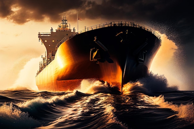 Use light and shadow to create a striking image of an oil tanker, highlighting the scale and power of the vessel Generative AI. High quality photo