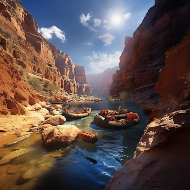 Use the theme a rising tide lifts all boats with rafts on the Colorado River in the Grand Canyon