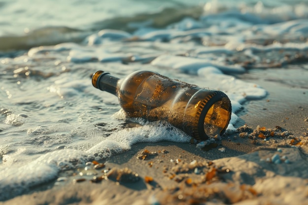 Used Bottle on Sea Beach with Pollution Concept