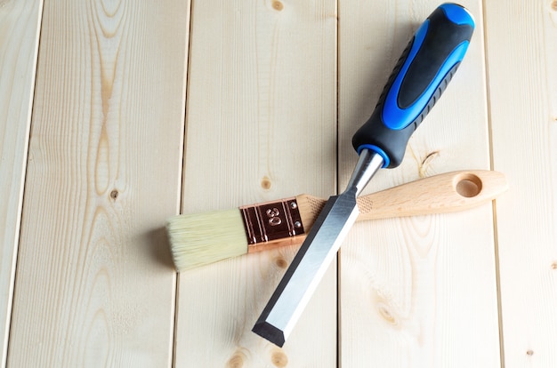 Used joiner's or carpenter tools on wooden desk