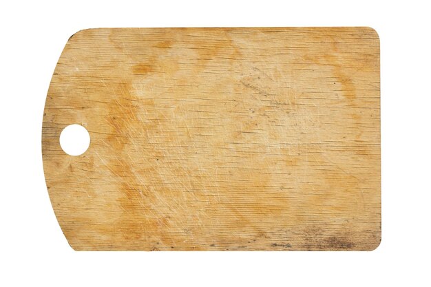 Used rectangular wooden cutting board isolated on white background. Top view. Mockup for food project.